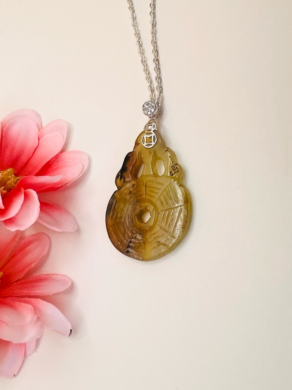 Green Jade Carved Pendant Necklace .925 silver bail with crystals